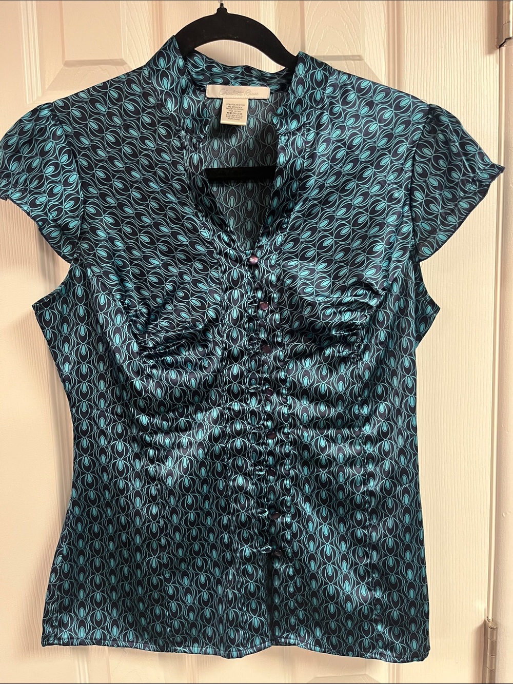 Worthington Teal & Black Geometric Cap-Sleeve Blouse